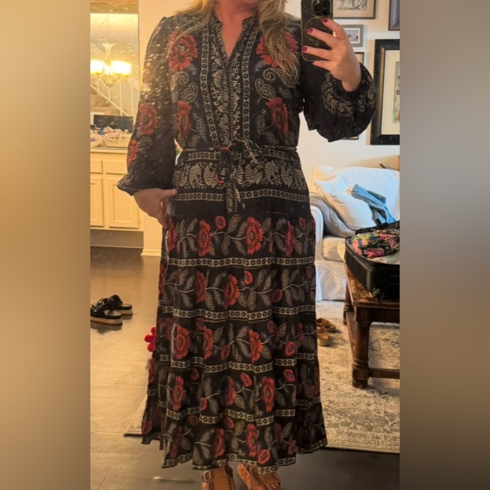 FARM Rio Black Maxi Dress with Red Floral Print
